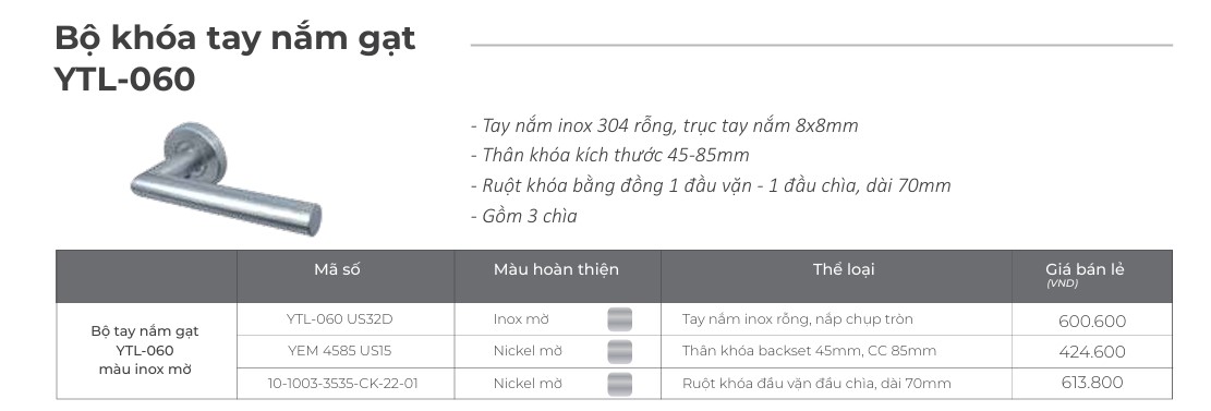 Báo Giá Khoá Và Phụ Kiện Yale Năm 2025 Bo khoa tay nam gat Yale YTL 060