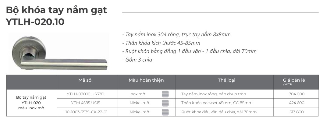 Khóa tay nắm gạt Yale YTLH-020.10 Bo khoa tay nam gat Yale YTLH 020 10