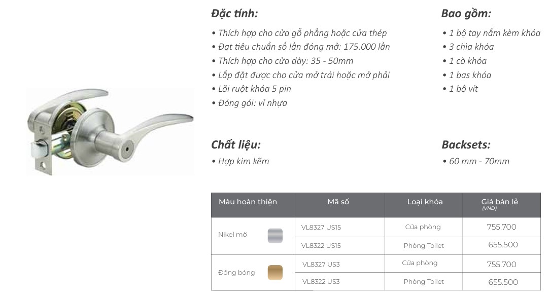 Khóa tay nắm gạt Yale L8300 Khoa tron gat L8300