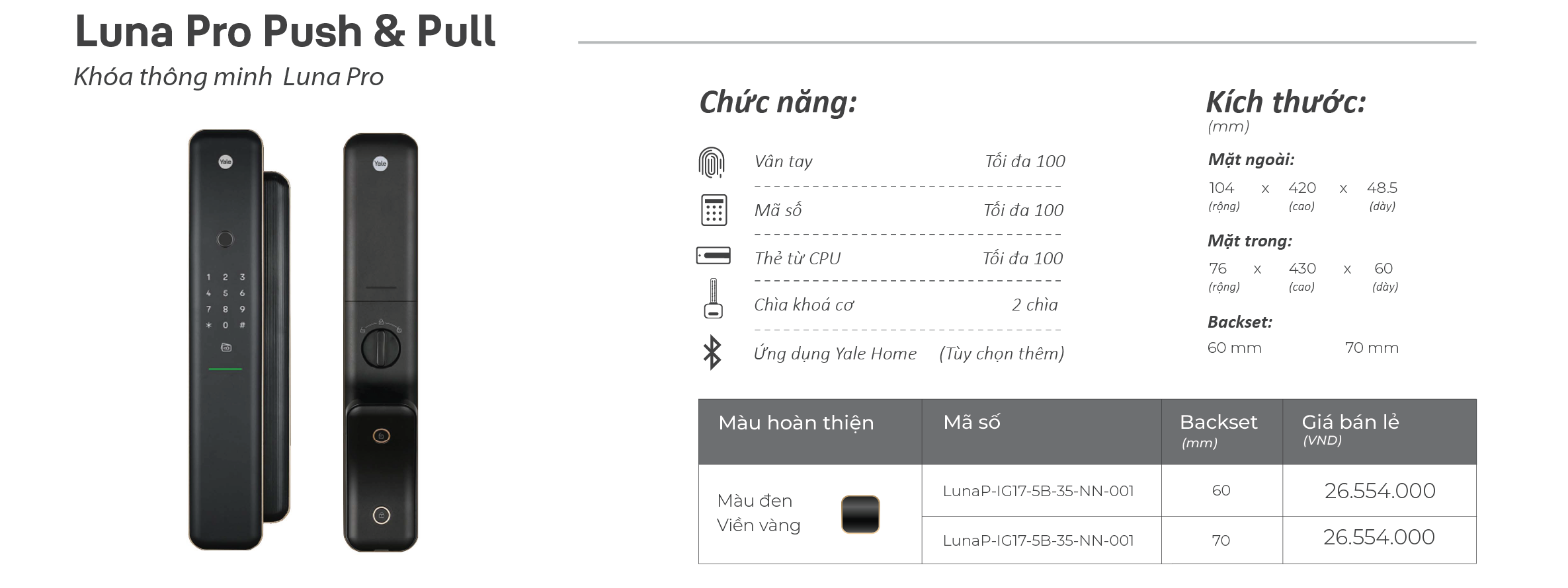 Khóa vân tay Yale Luna Pro Push Pull LUNA